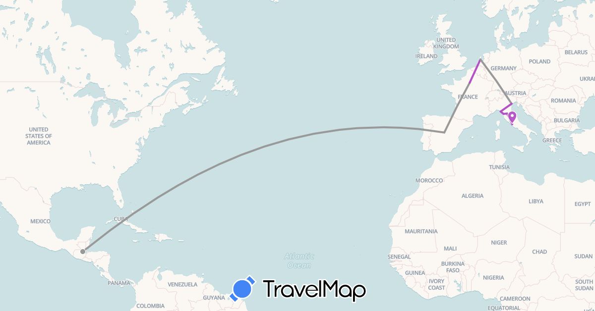 TravelMap itinerary: driving, plane, train in Spain, France, Guatemala, Italy, Netherlands (Europe, North America)